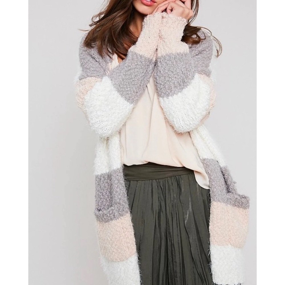 Wishlist COLORBLOCK FUZZY POPCORN SWEATER CARDIGAN IN STRIPE CREAM MULTI